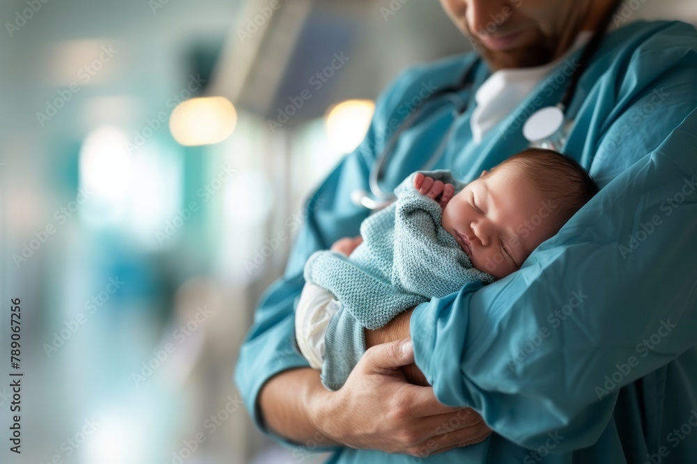 Pediatrician doctor holding a newborn baby in hospital, concept of childbirth and healthcare professionals Pediatrician doctor holding a newborn baby in hospital, concept of childbirth and healthcare professionals
