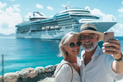 Happy elderly couple on the background of a ship tourism © Danko