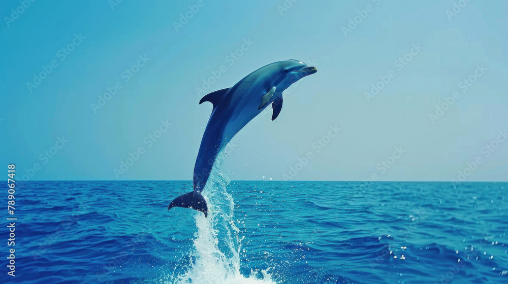 Fototapeta premium a dolphin jumping out of the water. blue sky and ocean background