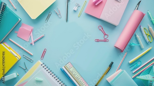 Back to school background Flat lay top view of colorful scattered stationery on isolated pastel blue table background School supplies on desk Copyspace : Generative AI photo