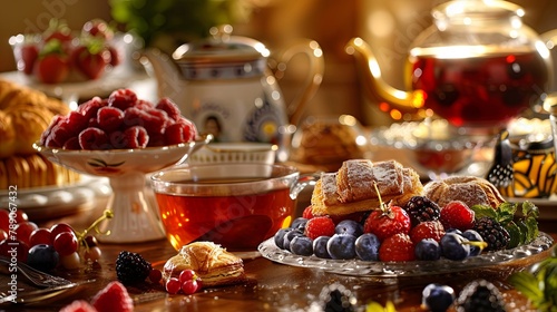 Cozy afternoon tea time with fresh pastries and berries