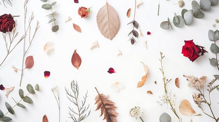 Autumn composition Frame made of eucalyptus branches rose flowers dried leaves on white background Autumn fall concept Flat lay top view copy space : Generative AI
