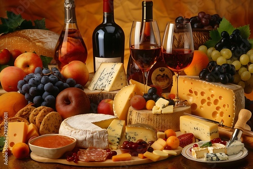 Cheese and wine. Various types of cheese , fruits and wine .