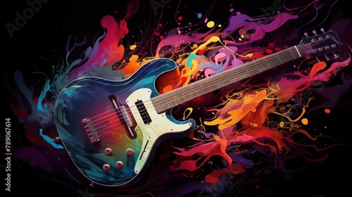 Abstract and colorful illustration of an electric guitar on a black background