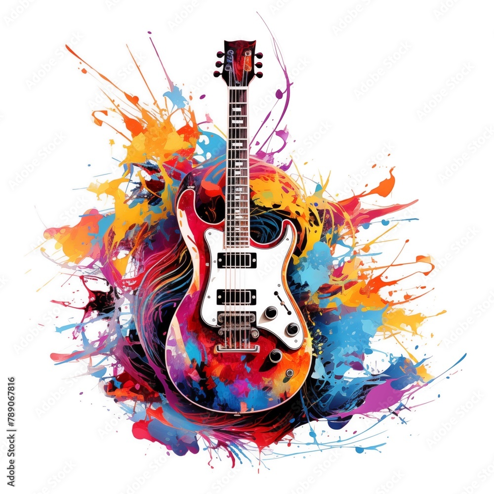 Abstract and colorful illustration of an electric guitar on a white background