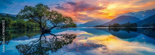 Tranquil lake sunrise with solitary tree and mountain reflection