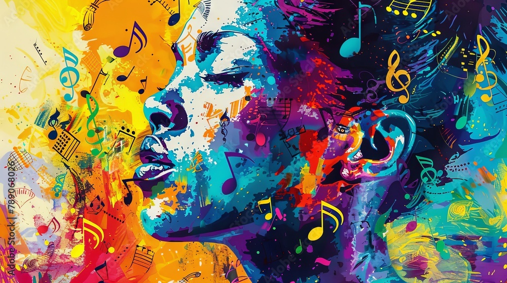 Vibrant portrait of a young dark-skinned woman with colorful musical elements