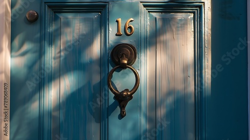 House number 16 on a blue wooden front door with door knocker : Generative AI
