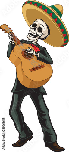 Cheerful Mexican Skeleton Musician With Guitar illustration (ID: 789068615)