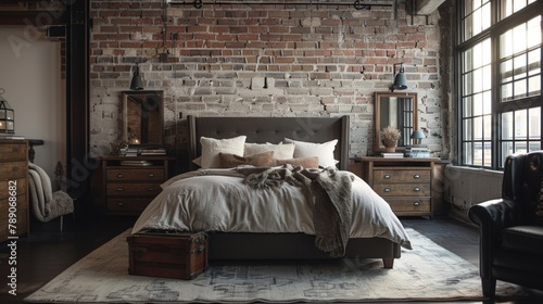 A modern loft bedroom with industrial accents and urban chic decor, blending contemporary style with urban sophistication.