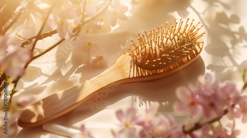 Composition with wooden hair brush and beautiful flowers on color background   Generative AI
