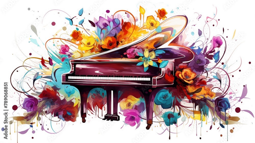 Fototapeta premium Abstract and colorful illustration of a piano on a white background with flowers