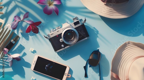 creative Flat lay travel concept with camera mobile phone and h : Generative AI
