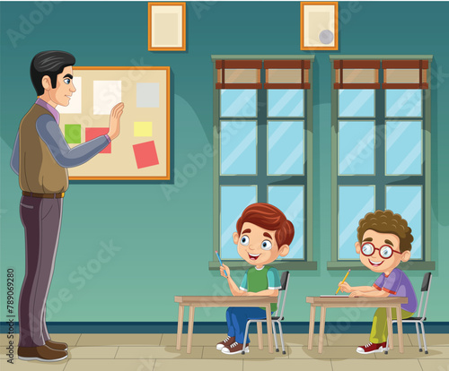 Cartoon students studying with teacher in classroom (ID: 789069280)