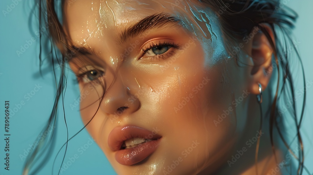 Beauty portrait of model with natural makeup Fashion shiny highlighter on skin sexy gloss lips makeup : Generative AI Beauty portrait of model with natural makeup Fashion shiny highlighter on skin sexy gloss lips makeup : Generative AI