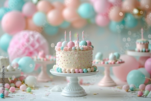 Baby first year birthday party  colorful small cake in front  gentle pastel hues in the backdrop high detailed