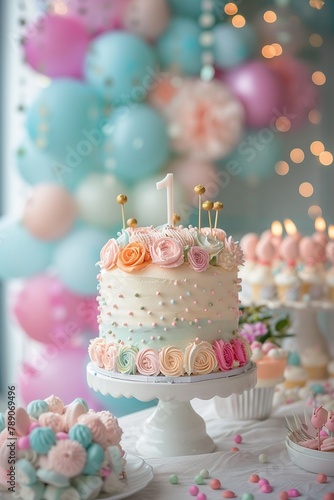 Delicate pastel background sets the stage for a babys first birthday  with a cute cake on the table high detailed