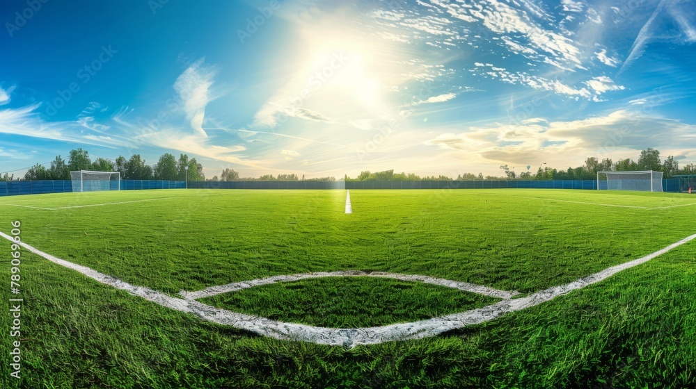 A panoramic view of a pristine soccer field surrounded by green grass and white boundary lines, ready for a thrilling match under the open sky.