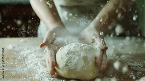 Female hands dusting kitchen counter with flour for kneading and baking rustic sourdough bread Flat lay with copy space : Generative AI