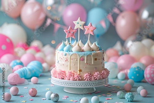 Oneyearolds birthday with a whimsical cake, light pastel background enhancing the festive mood stock photographic style photo