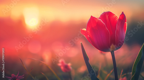 High resolution low angle close up macro photography of beautiful red flower in front of sunrise in winter with copy space. Warm sunshine made red petal transparently and turn in to pink flower