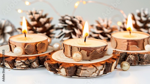 Christmas candles wood slice decorations pine cone on white background : Generative AI