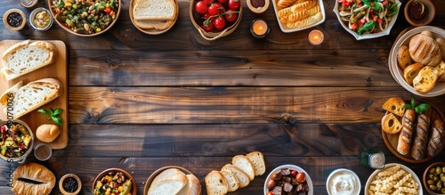 Mediterranean cuisine and bread arranged along the edges of a table. Empty space in the center on a dark wooden background.