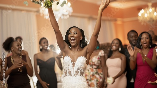 bride tossing her bouquet to excited single ladies during the wedding reception at a hotel venue photo