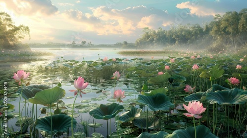 A peaceful landscape with a cluster of pink lotus flowers blooming in a serene marshland, creating a picturesque scene of natural beauty and tranquility. © Plaifah
