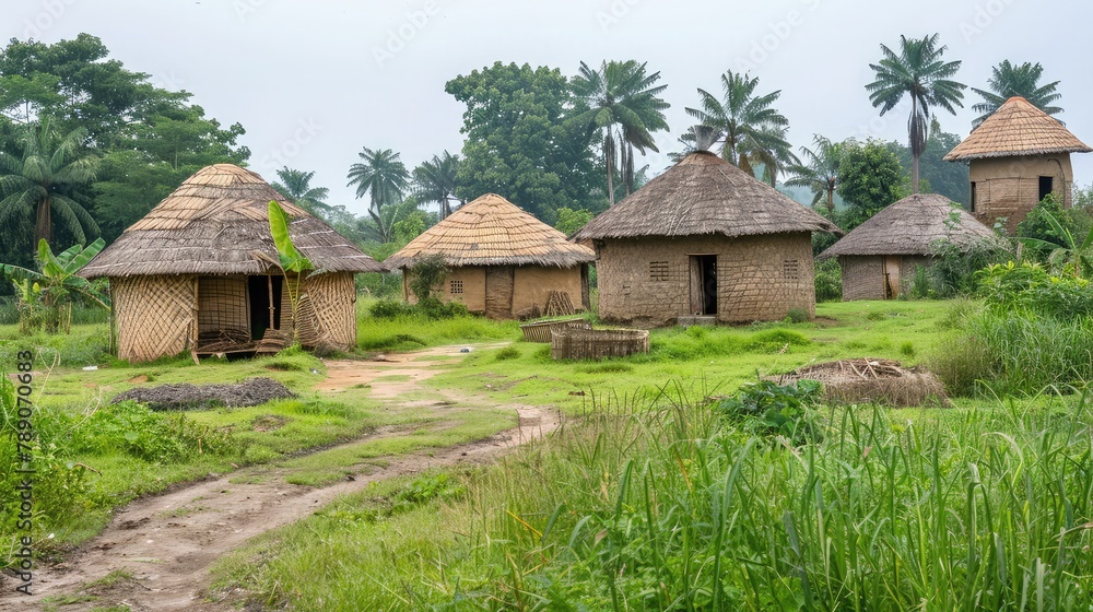 rural houses and traditional village huts ,a dusty dirt road in the style of art from,rural environment in a village settlement,Wooden farm houses near with vegetable field 
