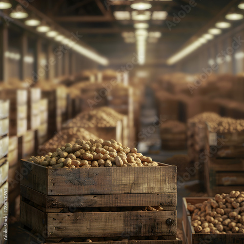 Peanuts harvested in wooden boxes in a warehouse. Natural organic fruit abundance. Healthy and natural food storing and shipping concept.