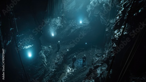 atmospheric shot of miners descending into the depths of a cavernous mine shaft, their headlamps cutting through the darkness like beacons of industry.