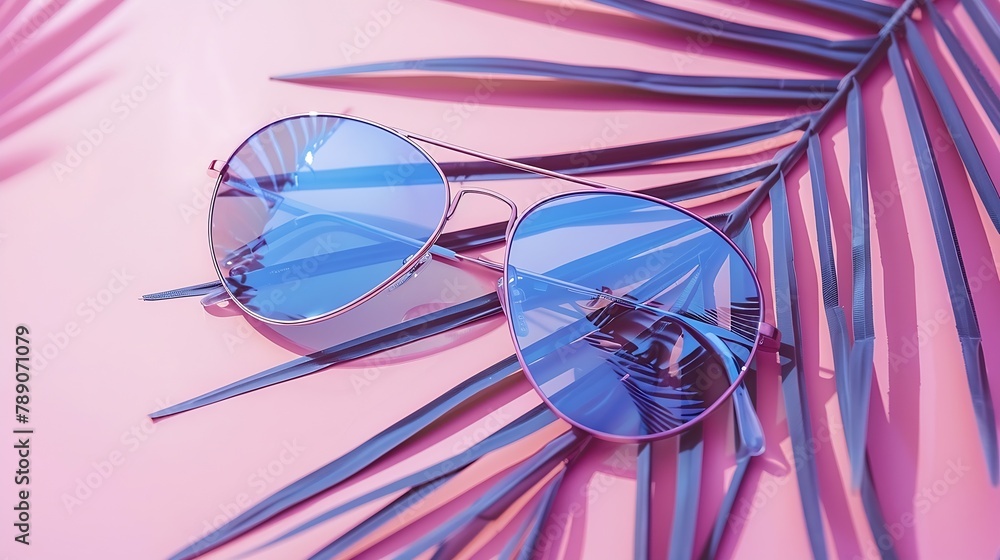 blue sunglasses are on the branch of a palm tree on a pink background fashion flat lay : Generative AI blue sunglasses are on the branch of a palm tree on a pink background fashion flat lay : Generative AI