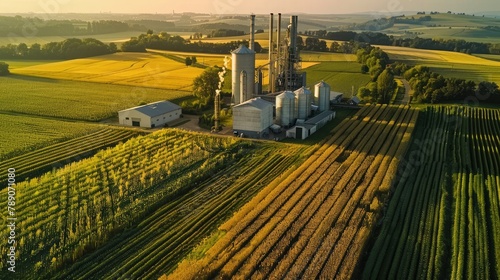 aerial view of a biomass power plant surrounded by fields of crops, illustrating the use of organic waste to generate renewable energy and promote agricultural sustainability photo