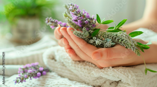 Hands cradling fresh lavender sprigs, invoking sensory experiences of fragrance and touch in a serene field. Organic cosmetics. Types of tea. Banner. Copy space photo