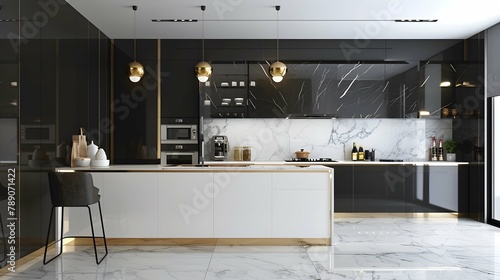 A contemporary, chic kitchen featuring stylish black and white cabinets, golden fixtures, and marble tiles.  photo