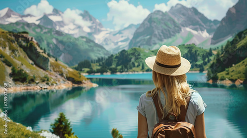 woman with a hat and backpack looking at the mountains and lake from the top of a mountain in the sun light, with a view of the mountains photo