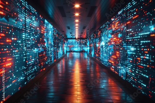 A corridor flooded with neon lights reflecting a high-tech  cyber environment ideal for sci-fi