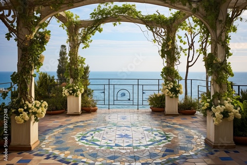 Mediterranean Seaside Gazebo: Pebble Mosaic Walkways & Ivy Trellises Serenity