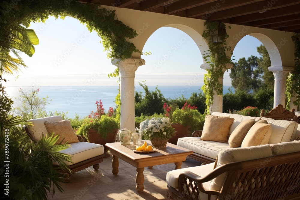 �Sun-Drenched Mediterranean Seaside Gazebo: Outdoor Fireplace and Patio Decor�