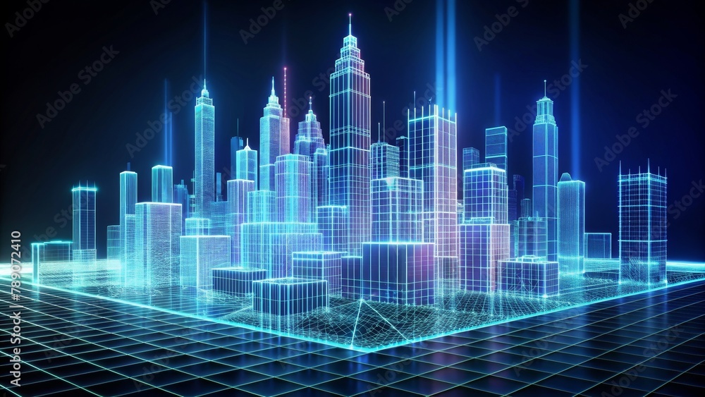 A digital representation of a city with blue glowing lines.