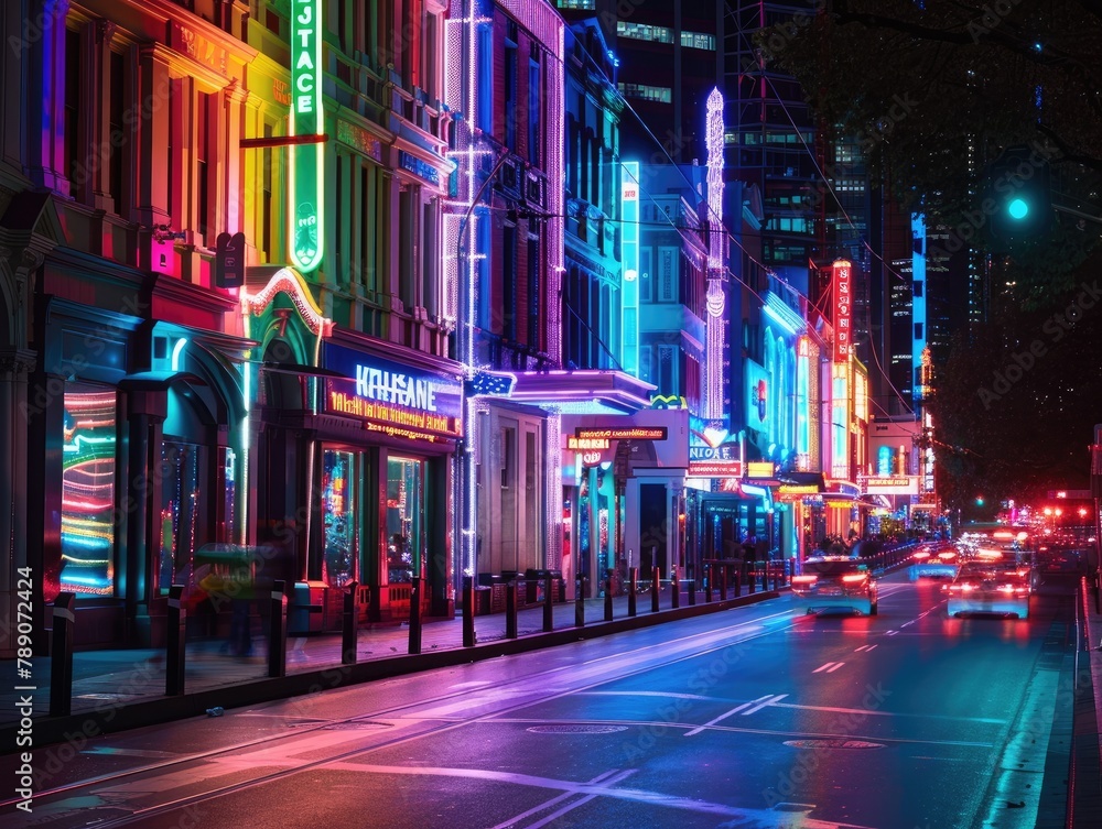 Neon Nights: Nightlife Glow Amidst Sunlit Streets