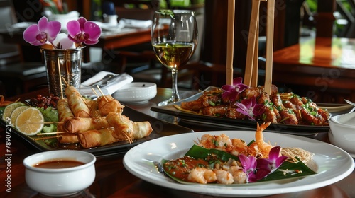 table set with a variety of Thai appetizers, such as spring rolls, satay skewers, and crispy shrimp cakes, perfect for sharing and sampling.