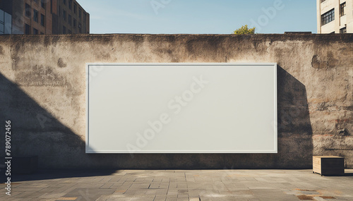 White billboard mockup on street wall background. Blank template frame with copy space. Closeup clear empty display. Street urban sign. Wall building with canvas poster print space. Art place