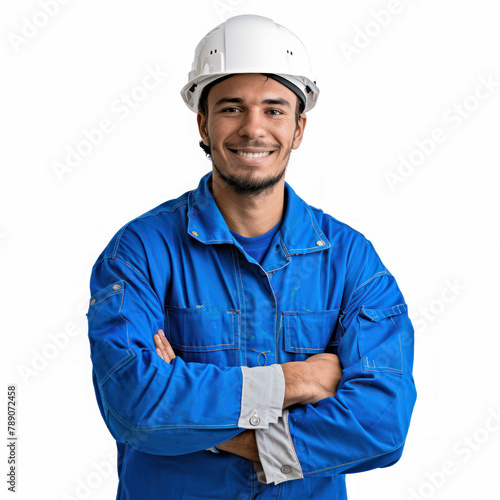 Smiling cross-armed male engineer in blue workwear and safety white helmet on transparency background PNG 