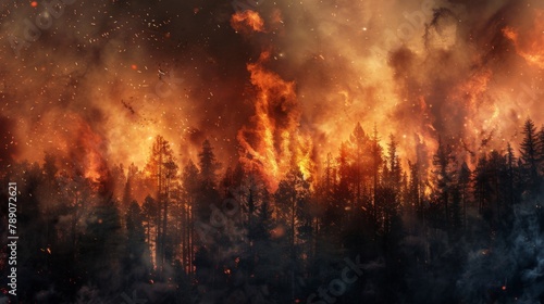 A raging wildfire engulfing a forest in flames  with billowing smoke and fiery embers rising into the sky  illustrating the destructive power of nature s fury.