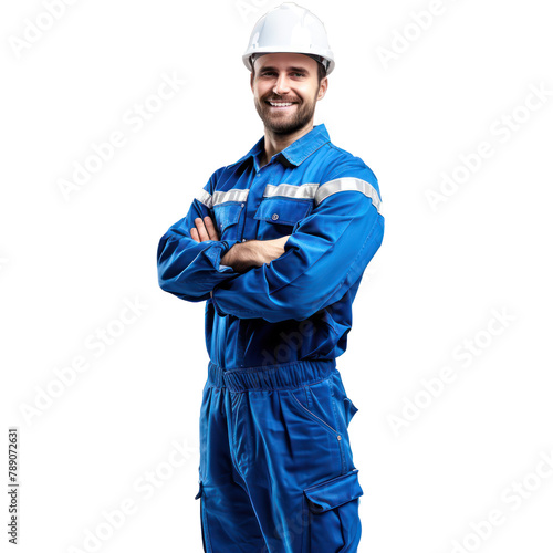 Smiling cross-armed male engineer in blue workwear and safety white helmet, full body on transparency background PNG
