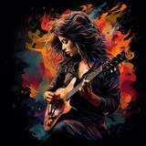 Abstract and colorful illustration of a woman playing guitar on a black background