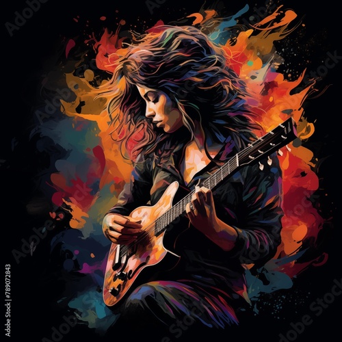 Abstract and colorful illustration of a woman playing guitar on a black background