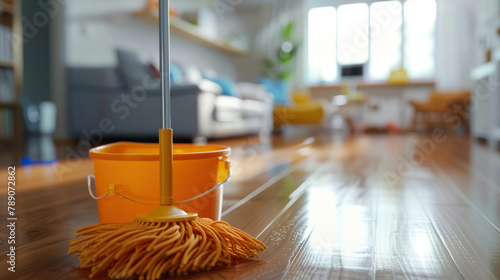 mop and bucket on a wooden floor in the living room at home with a blurred background. depicting a cleaning concept
